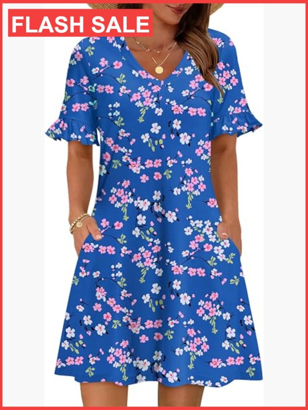 A-Line Sun Dress with Pockets Ruffle Sleeve V-Neck Floral Tshirt Dress